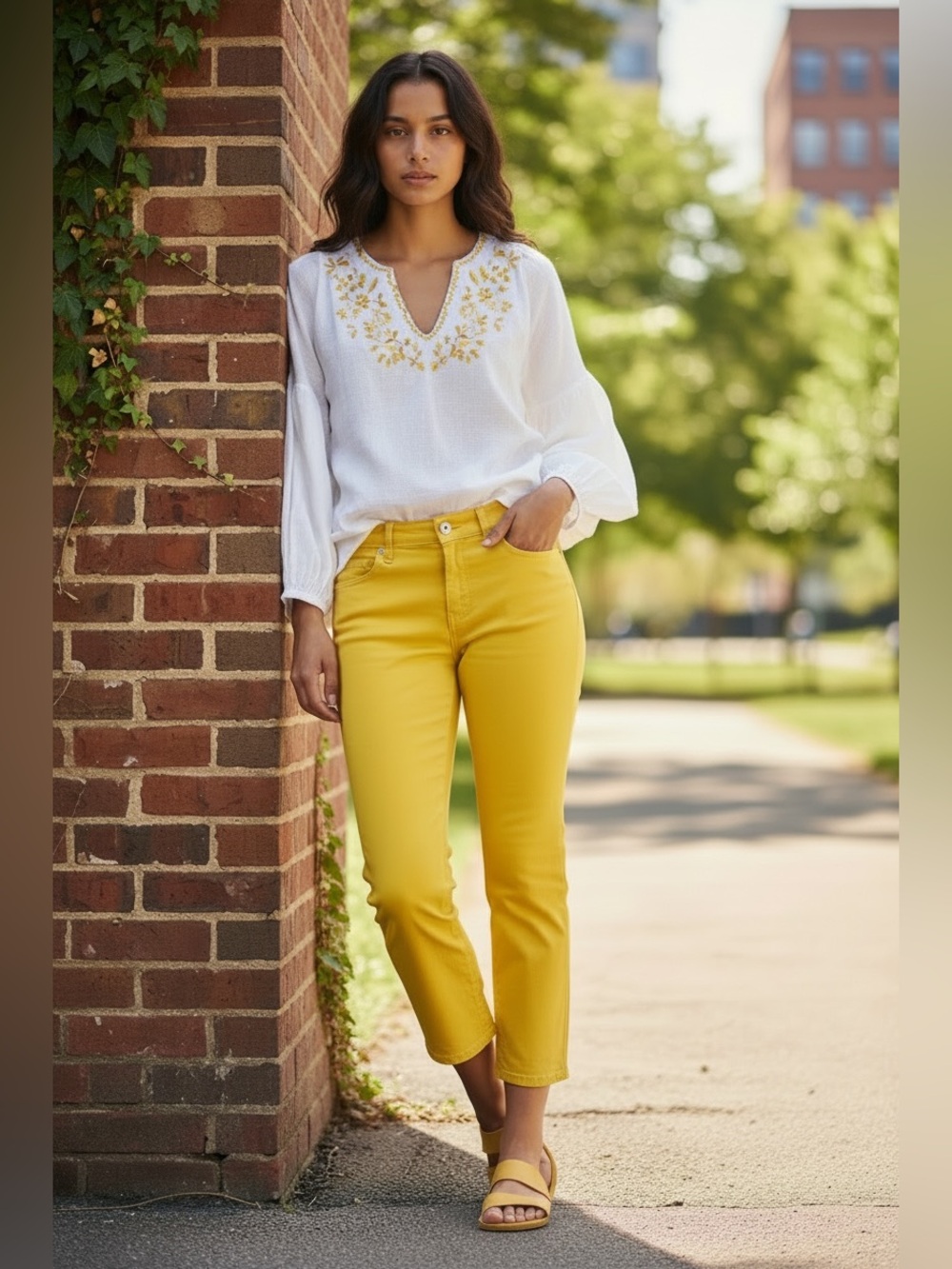 Vtg Y2K CACHE Lemon Yellow Mid-Rise Crop Denim Jeans Size 6 Sm Boho Earthy